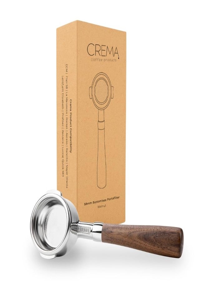 Crema Coffee Products 58mm Bottomless Naked Portafilter | Compatible with 58mm for E61 | Includes Double Shot Filter Basket | Walnut - Image 1
